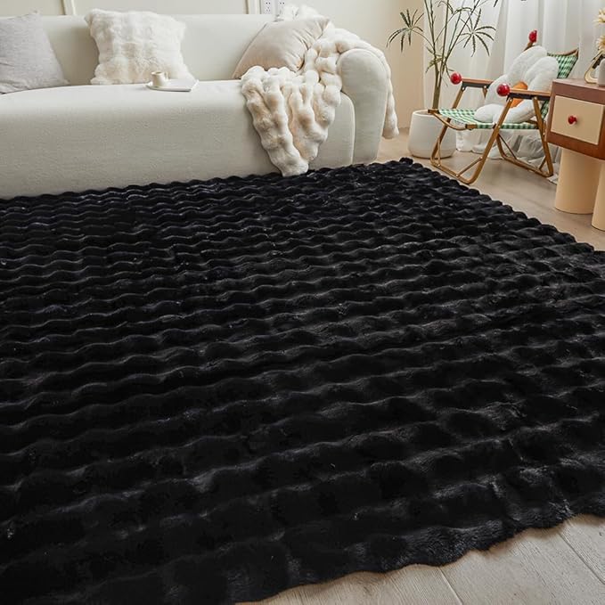 Black Rabbit Plush Rug 8'x10', Fluffy Faux Fur Shaggy Area Rug - Image 5