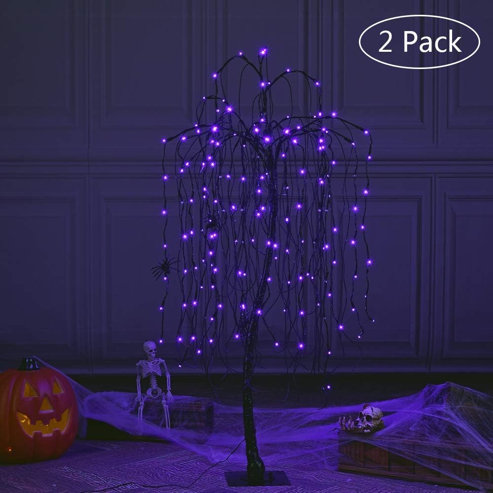 LIGHTSHARE 4 Feet Halloween Willow Tree, 160 LED Lights,Pack of 2,with 8 Spid...