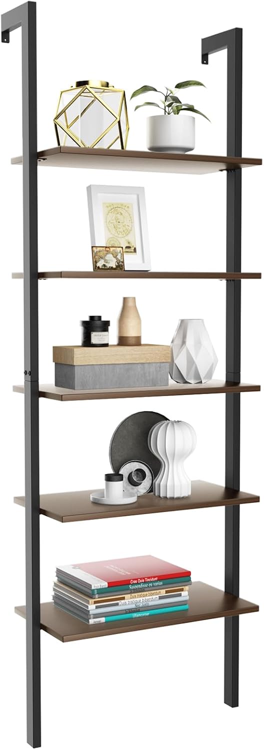 Tangkula Industrial Ladder Shelf Against The Wall, 5-Tier Wall Mount Ladder B...