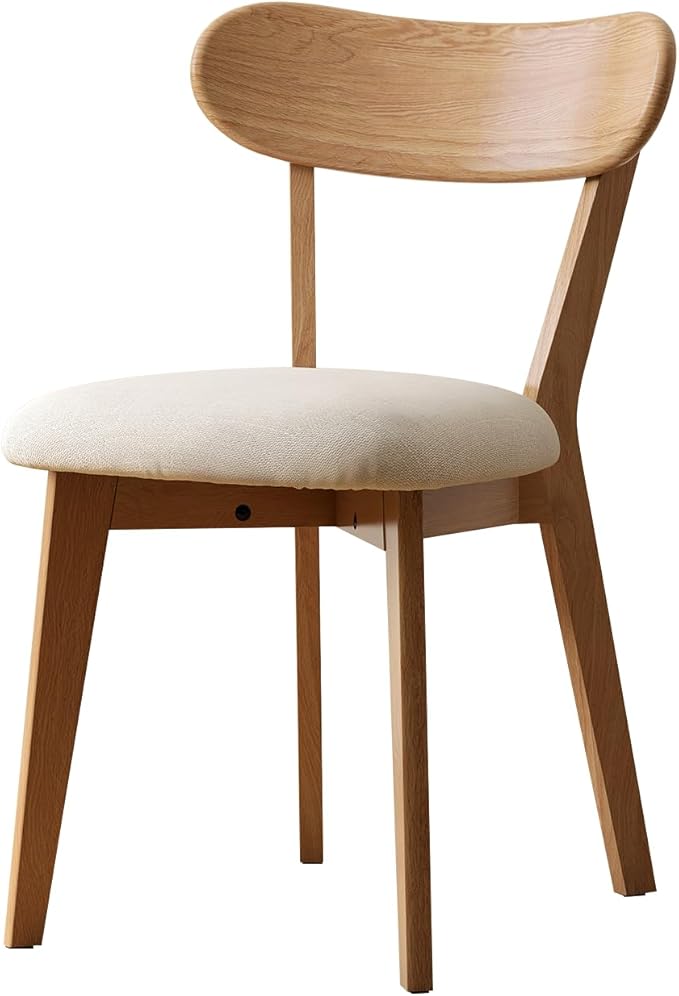 100% Solid Oak Dining Chairs, Mid Century Modern Dining Chair with Curved Backrest, Fabric Upholstered Dining Chairs for Kitchen, Study, Living Room (1, Original Wood-Pear White Cushion)
