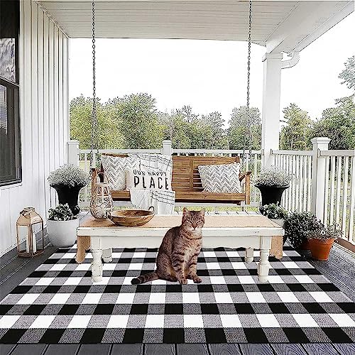 Buffalo Plaid Outdoor Rug 5' x 7' Washable Rugs,Black and White Check...