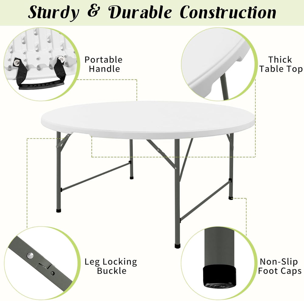 Fivenl 5 FT Round Folding Tables White Foldable Table, Fold-in-Half with Carr...