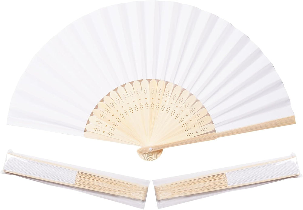 Sepwedd 50pcs White Paper Hand Fan Bamboo Folding,Handheld Paper Folded for W...