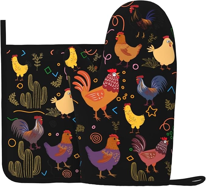 Chicken Silicone Oven Mitts Pan Mats Set of 2, Heat Resistant Gloves Potholder by Cayiibe