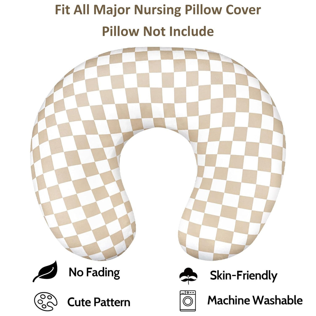 DILIMI Nursing Pillow Cover, Stretchy Removable Case for Breastfeeding Pillows, Ultra Soft Comfortable Slipcover for Baby Girl and Boy, Light Brown Checkerboard