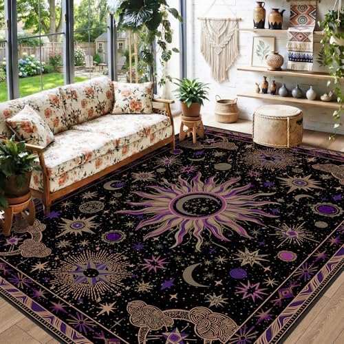 Vacuum-Friendly, 5x7 Washable Area Rug, Black Purple Beige