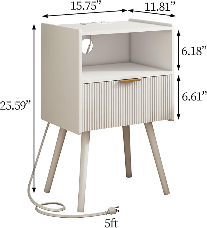 White Nightstand with Outlet,Modern Bedside Table with Storage Drawer and Ope...
