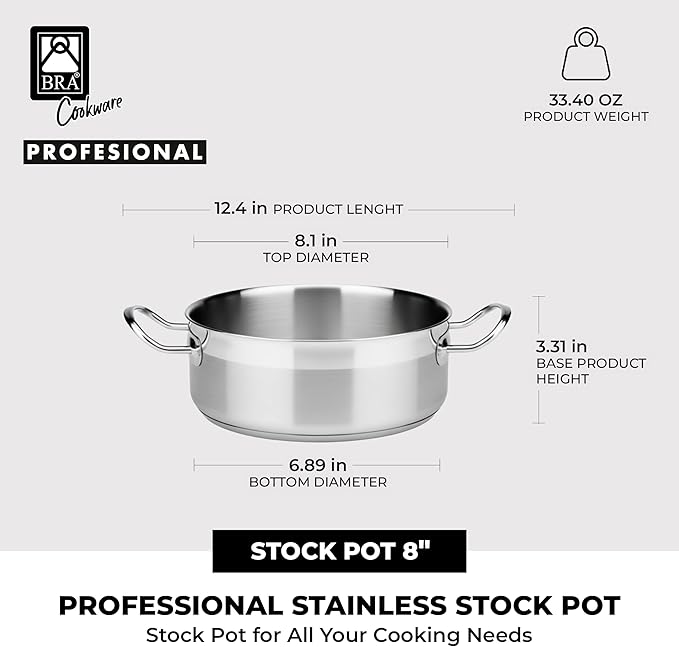 BRA COOKWARE Profesional 18/10 Stainless Steel Stock Pot w/Glass Lid | 8 Inch - Image 3