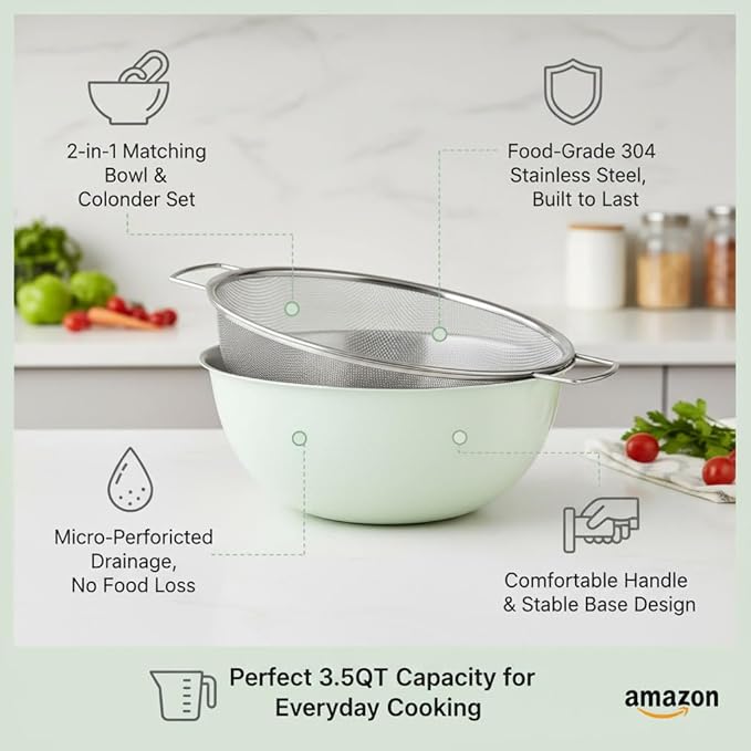 304 Stainless Steel Kitchen Colander Set, 3.5QT Colander - Image 7