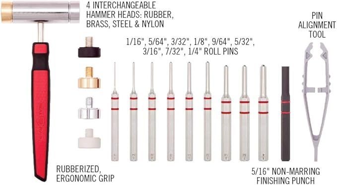 Real Avid Roll Pin Punch Set & Hammer + Non-Slip Magnetic Bench Block | 10