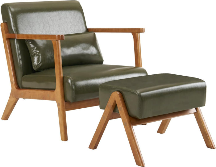 MOJAY Modern Accent Chair with Ottoman, PU Leather Upholstered Armchair Living Room Chair for Bedroom, Balcony, Reception