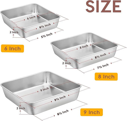 6/8/9-Inch Square Cake Pan Set, E-far Stainless Steel Square Baking Brownie - Image 2