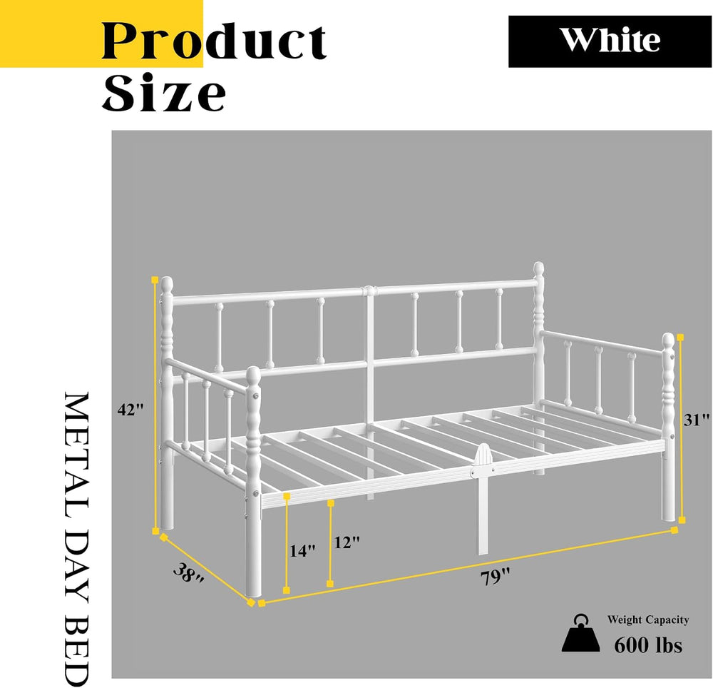 14 Inch Twin Metal Daybed Frame with Vintage Headboard
