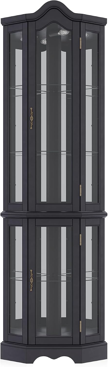 BELLEZE Lighted 3-Side Glass Display Curio Cabinet w/Tempered Glass Doors and...