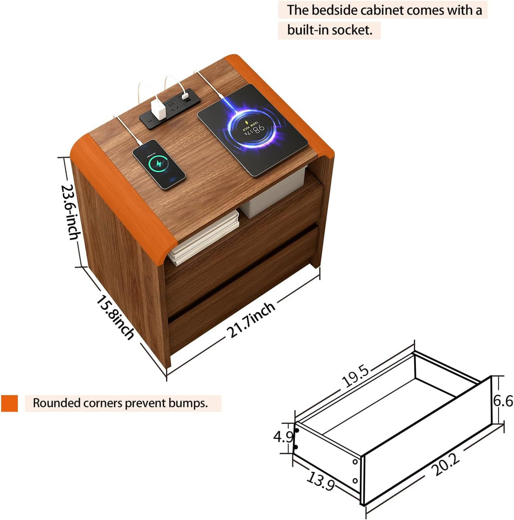 Messenya Modern Nightstand, 23.6-Inch Wide with Charging Station & Curved...