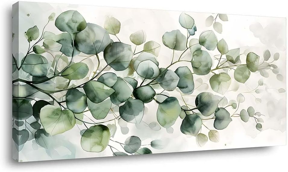 Soft Green Eucalyptus Leaves Canvas Wall Art Watercolor Botanical Plant Paint...