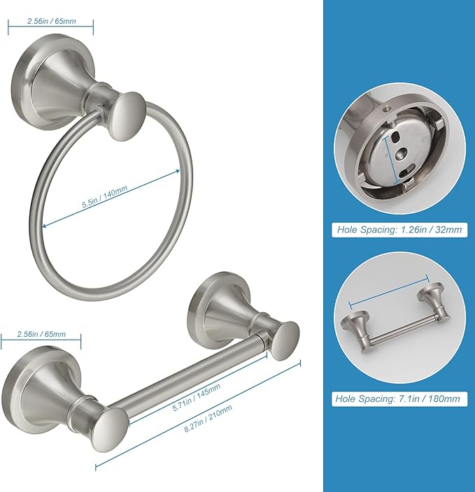 RUMOSE Toilet Paper Holder and Hand Towel Ring Brushed Nickel Wall Mount - Image 5