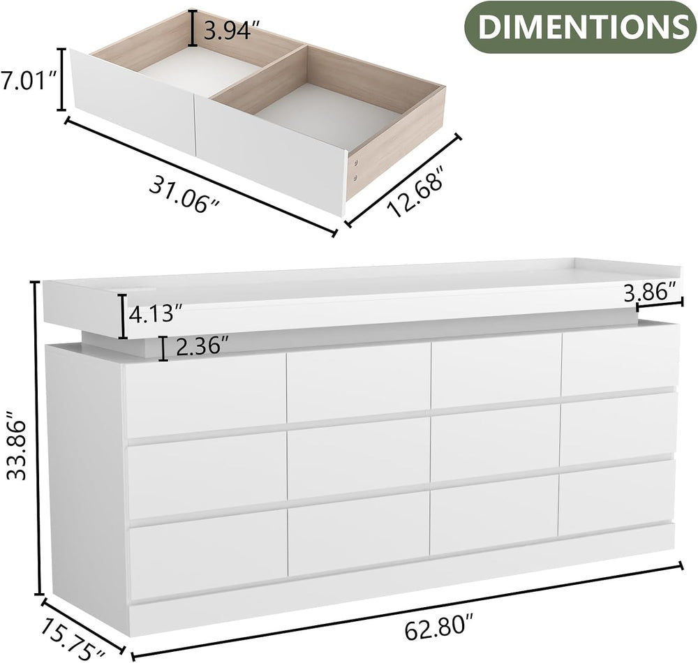Gyfimoie 12 Drawer Dresser with Power Outlet, Modern Dresser with LED Light