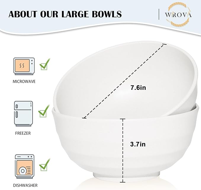 Wrova Wheat Straw Bowls Set 60 OZ, Unbreakable Large White Bowls Set of 6 - Image 2