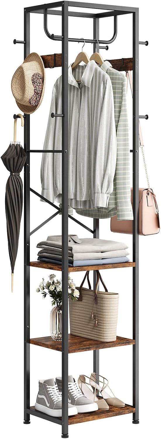 ELYKEN Coat Rack Freestanding, Hall Tree with 3 Storage Shelves and 12 Hooks,...
