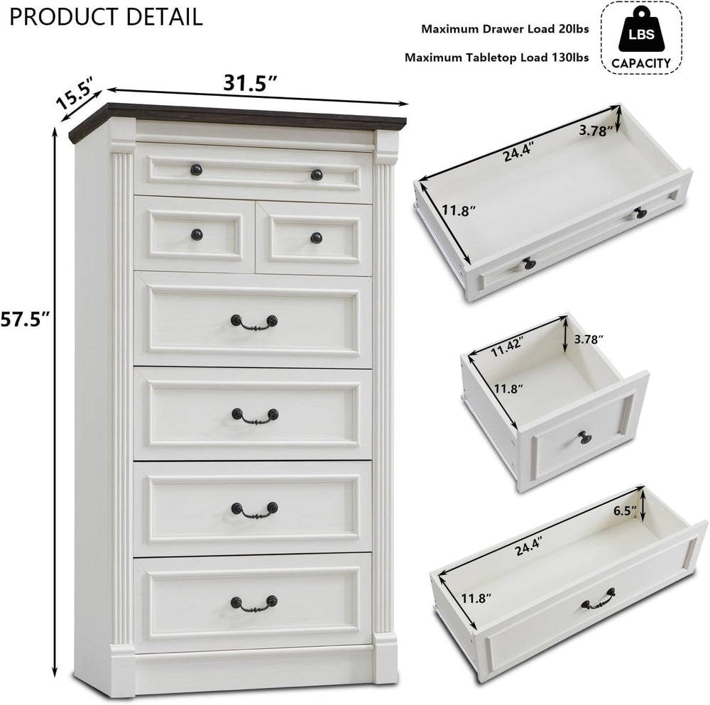 Aitjunz Farmhouse 57" Tall 7 Drawers Dresser for Bedroom, Antique White