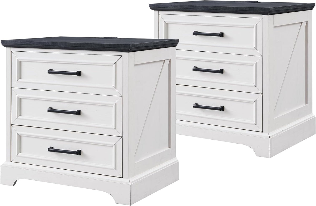 ACCOHOHO 22" Farmhouse Nightstands Set of 2 with 3 Drawers, Off White | Charging Station, Metal Handles, X-brace Side Panels, Arched Foot Base, Modern End Table, for Bedroom, Living Room
