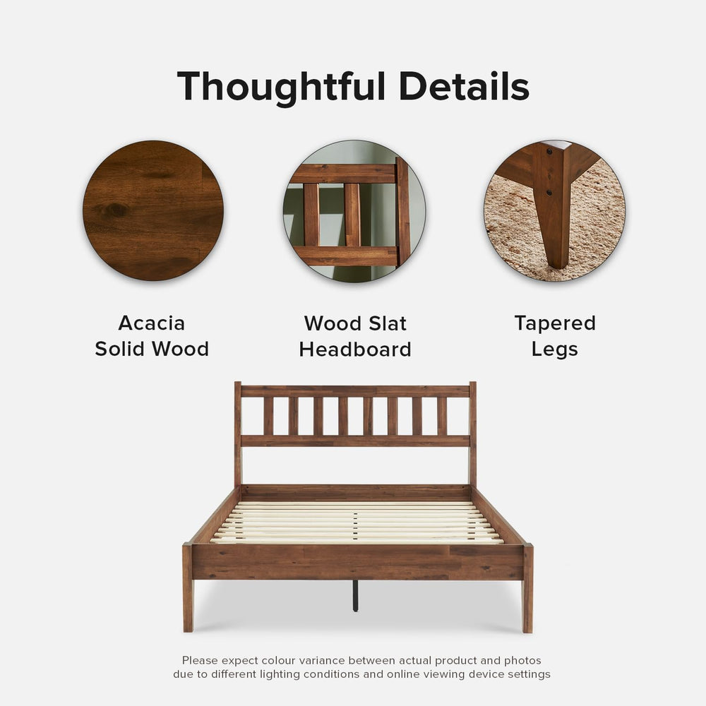 mopio Ted Full Bed Frame, Headboard, Platform Bed (Solid Wood, Slatted)