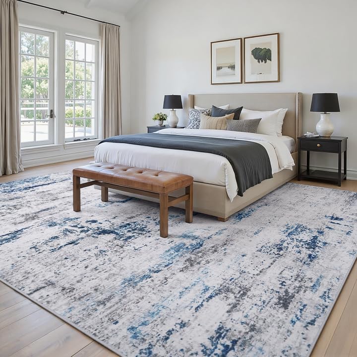 10x14 Area Rugs for Living Room Large Washable Rug White Gray Blue