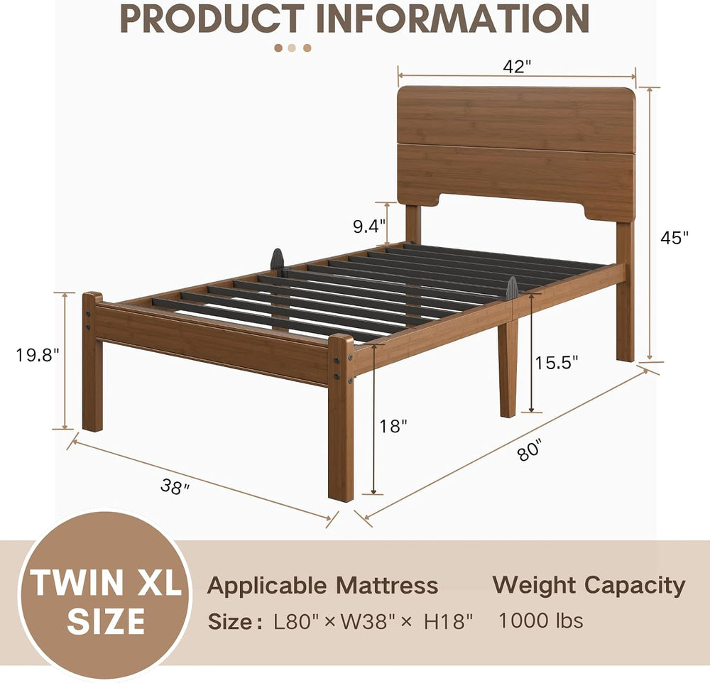Twin XL 18" Solid Bamboo Wood Bed Frames with Headboard