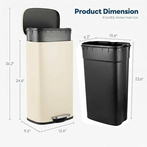 8 Gal Kitchen Trash Can, 30L Recycling or Garbage Bin, Brushed Stainless Steel - Image 2