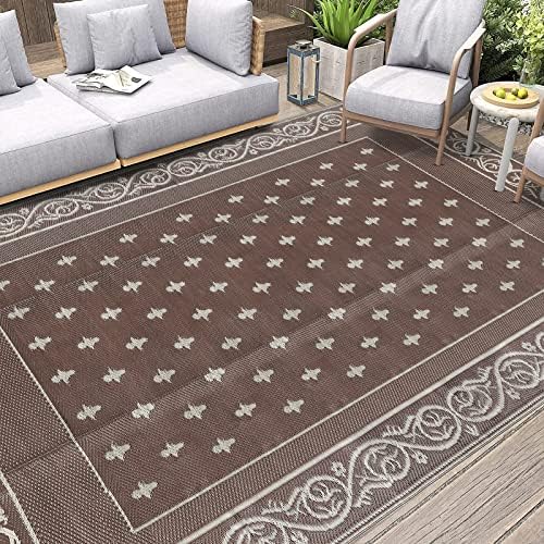 Pauwer Waterproof Outdoor Rug 9x12, Plastic Patio Rug, Bordered Brown
