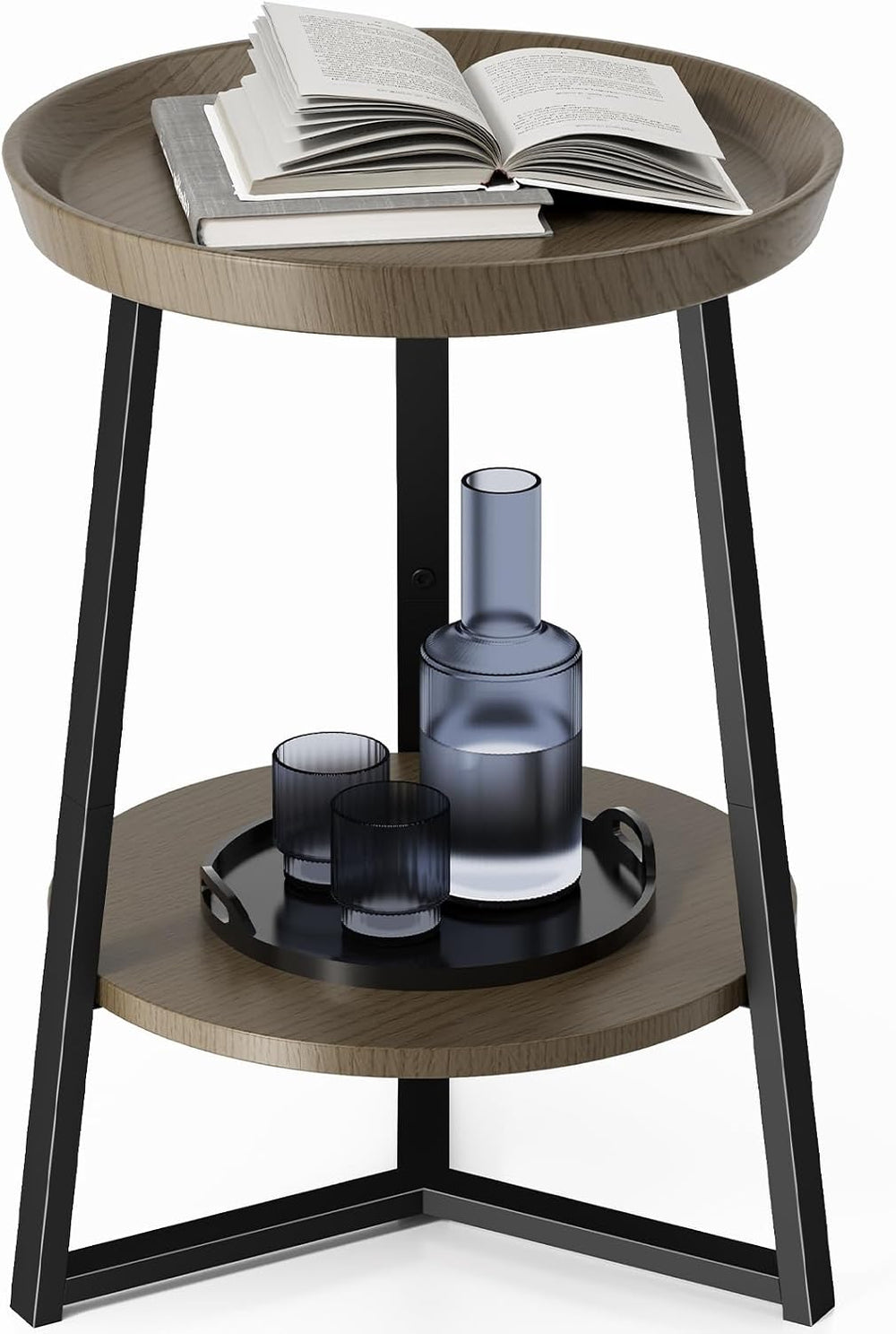 Gadroad Round End Table with Storage Shelf, 2 Tier Farmhouse Side Table Night...