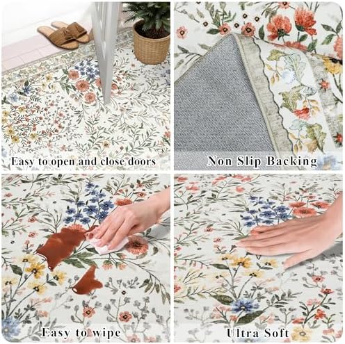 Vintage Botanical Floral Rug 8x10: Cottage Area Rug - Machine Washable Non Sl...