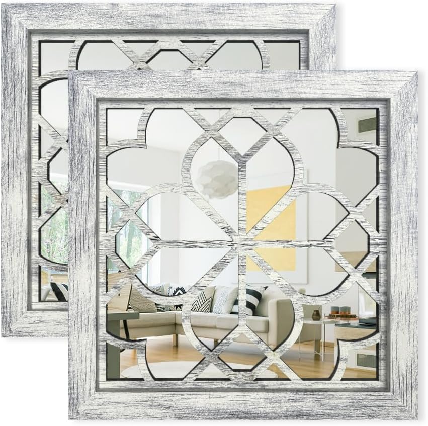 Set of 2 14 Inch Square Grey Window Pane Wall Mirrors, Shatterproof Rustic Fa...