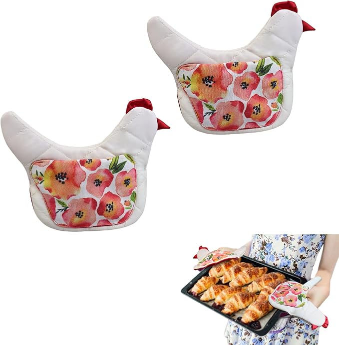 Farmhouse Chicken Oven Mitts Set of 2, Heat Resistant Quilted Pot Holders by rainbow