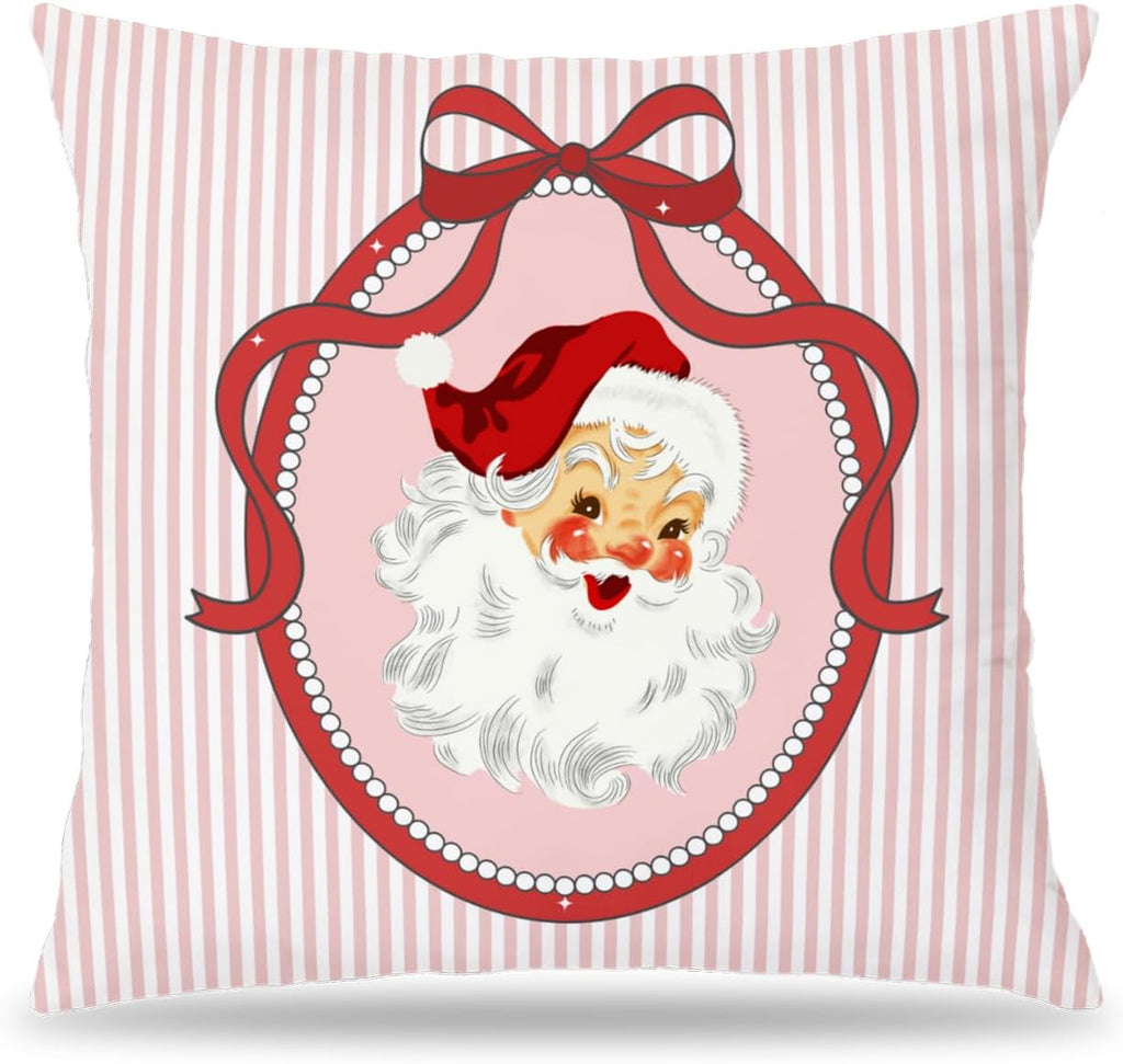 Coquette Red Bow Christmas Santa Pillow Covers 18x18, Preppy Christmas Decor, Girly Xmas Santa Claus Pink Striped Decorative Throw Pillow Covers for Girls Dorm Room Apartment