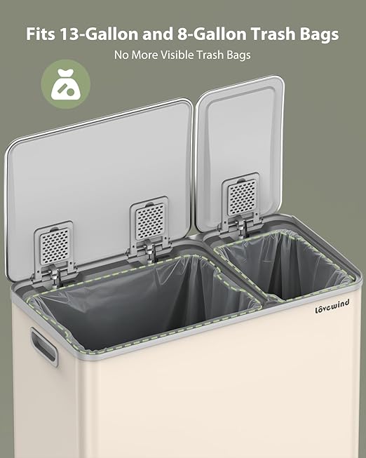 Dual Trash and Recycling Bins for Kitchen, 13.2 + 5.2 Gal Stainless Steel Trash - Image 7