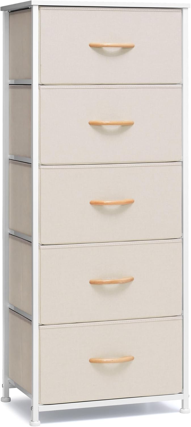 Tall Dresser Vertical Fabric Storage Tower Organizer, 5 Drawers (Beige)