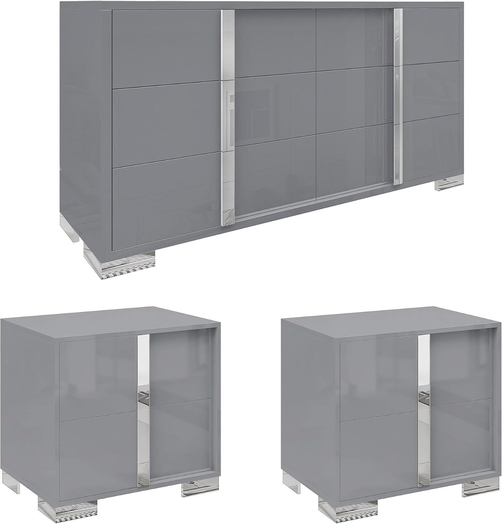 AMERLIFE 3-Piece Bedroom Set with 6-Drawer Dresser & 2 Nightstands, Grey