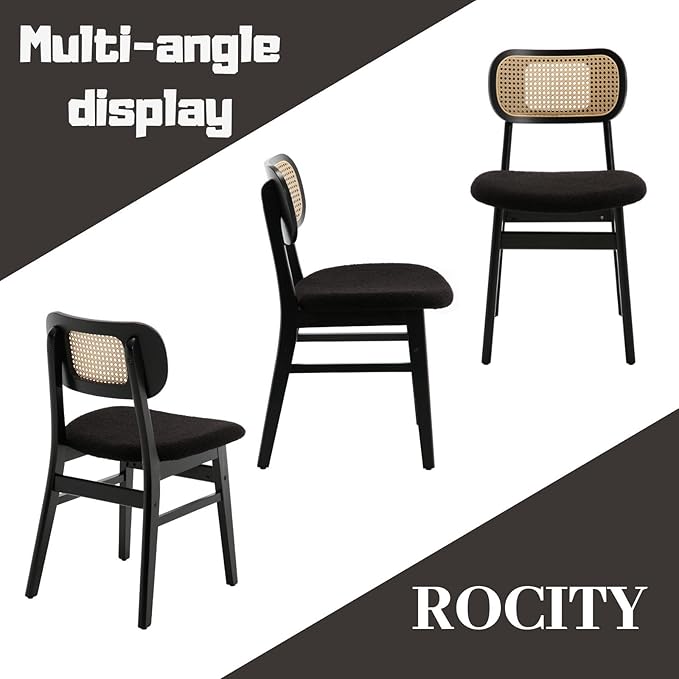 Black Rattan Dining Chairs Set of 4 Lambswool Dining Room Chairs Natural Wood...