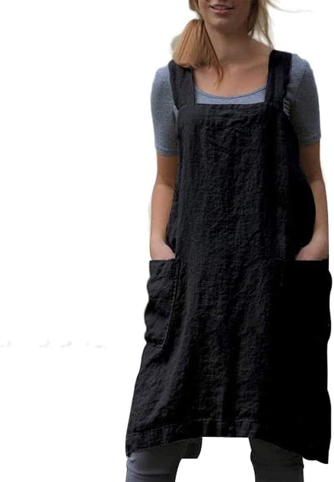 VLZUFE Cotton Linen Apron for women Cross Back Apron Pinafore Dress for Baking by Unknown