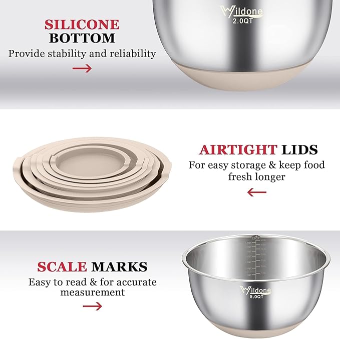 Wildone Mixing Bowls with Airtight Lids, with 3 Grater Attachments, Scale Marks - Image 6