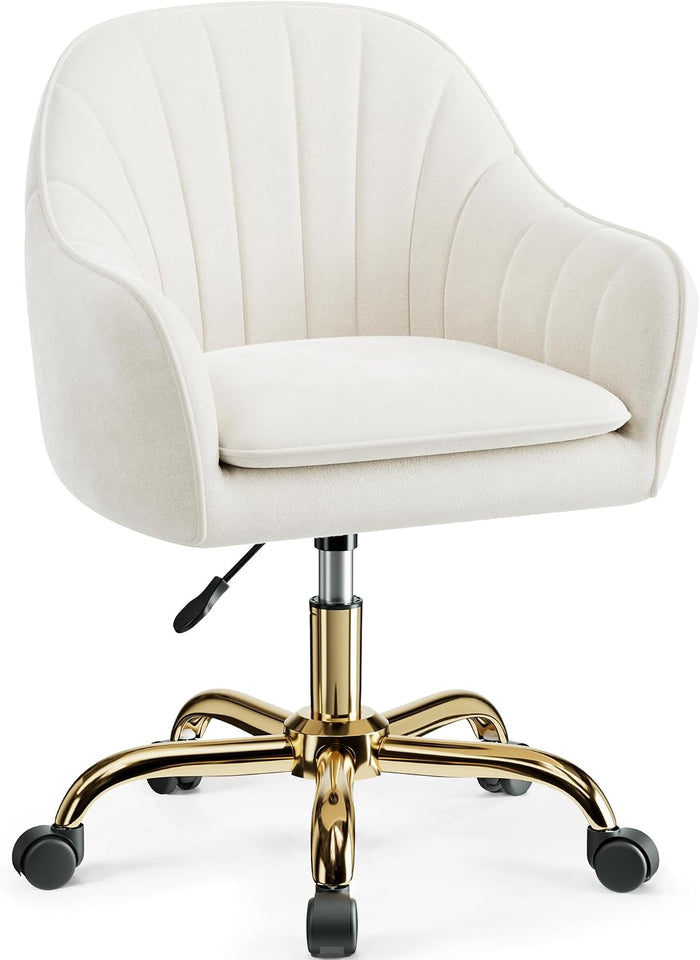 Vanity Chair with Wheels, Comfy Home Office Desk Chairs Adjustable Modern Velvet Makeup Vanity Chairs for Bedroom Living Room-Beige