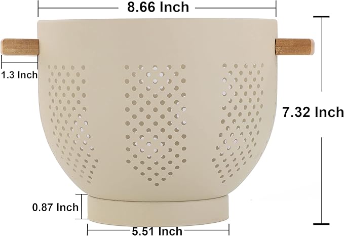 Metal Colander with Wood Handle, 5.5 Quart Powder Coated Steel Large Kitchen