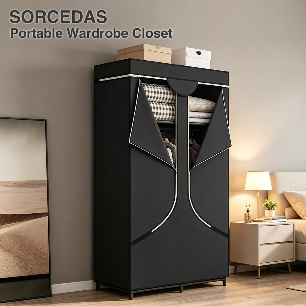 SORCEDAS Portable Closet with Hanging Rods and Shelves for Clothes Storage