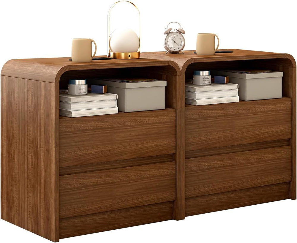 Messenya Modern Nightstand, 23.6-Inch Wide with Charging Station & Curved...