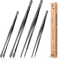 4 Pcs Fine Long Tweezer Tongs Professional Black, Sea food and BBQ by BUNDLEPRO