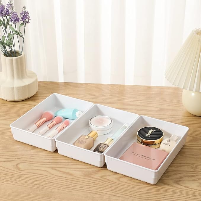 3 Pack White Plastic Drawer Organizer Tray Cutlery Utensil Makeups Drawer - Image 5