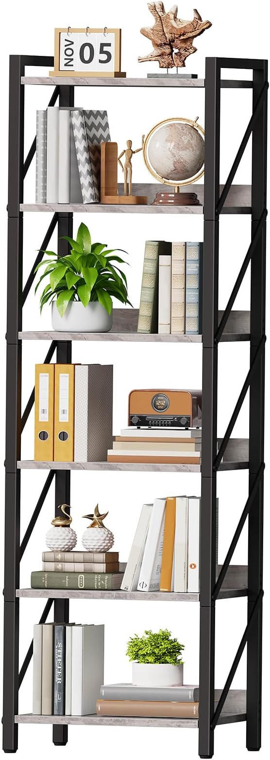 HOOBRO Bookshelf, 6-Tier Industrial Bookcase, Book Shelf Storage Organizer, T...