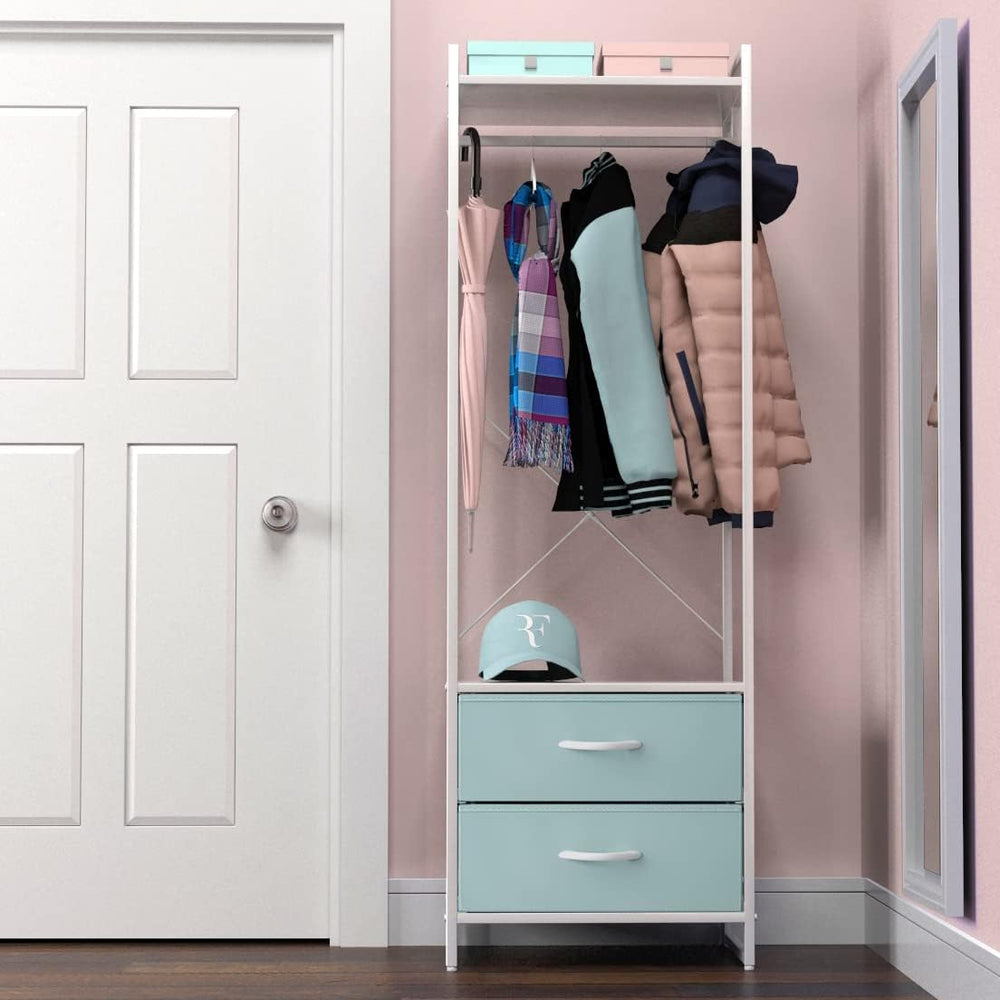 Sorbus Tall Clothing Rack with Drawers, Wood Top (Aqua)